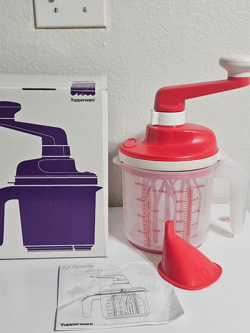 Tupperware Red Manual EZ Speedy Chopper with Clear Container and Red Funnel